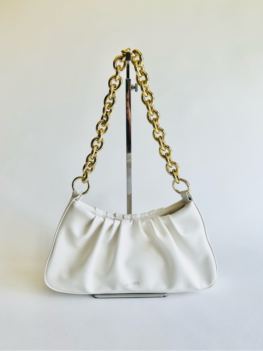 Jollque White Man Made Leather Gold Metal Chain Shoulder Handbag